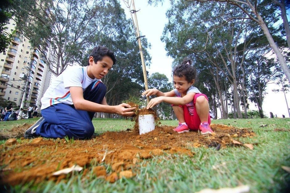 Duas crianças plantando uma árvore, atitude que contribui para uma herança sustentável.