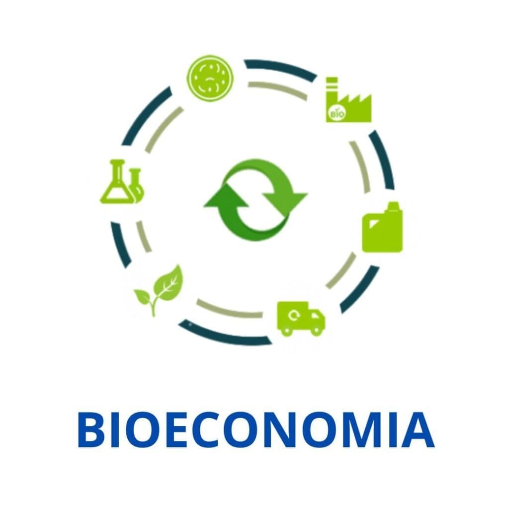 Bioeconomia no Brasil, sendo representada por um círculo unindo símbolos relacionados a biologia e economia como folha, erlenmeyer, indústria e caminhão de reciclagem, representando a
