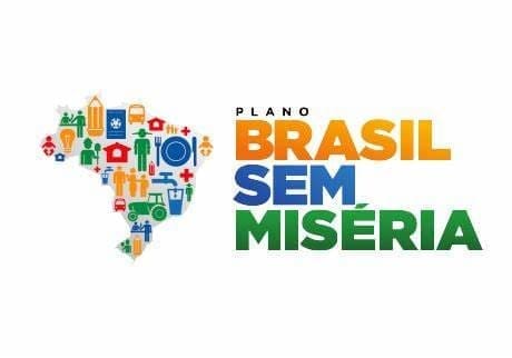 Logo do Brasil sem Miséria: mapa do Brasil com vários ícones representando pessoas e trabalhos, de diferentes cores.