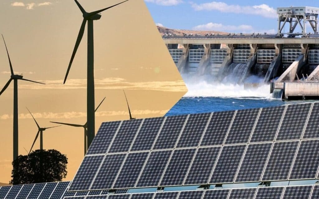 Fontes renováveis de energia: turbinas de energia eólica, placas solares e hidrelétrica.