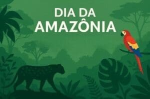 Ilustração escrito "Dia da Amazônia" em uma floresta densa com sombra de várias espécies de plantas, uma onça e arara.