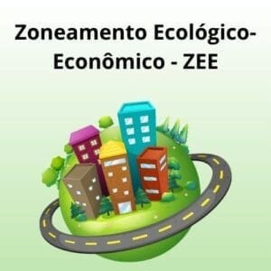 Mostra um planeta com prédios coloridos com uma estrada em volta, sugerindo o ZEE, ou seja, o Zoneamento Ecológico-Econômico