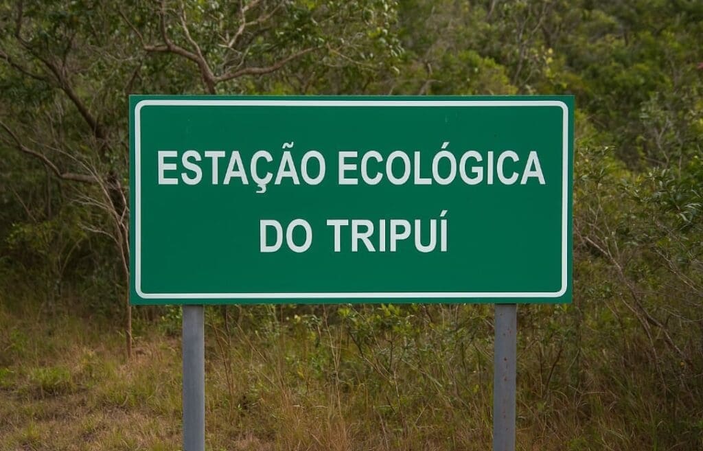 Placa de metal verde exibe: Estação Ecológica do Tripuí, posicionada diante da vegetação nativa típica da transição Cerrado-Mata Atlântica.